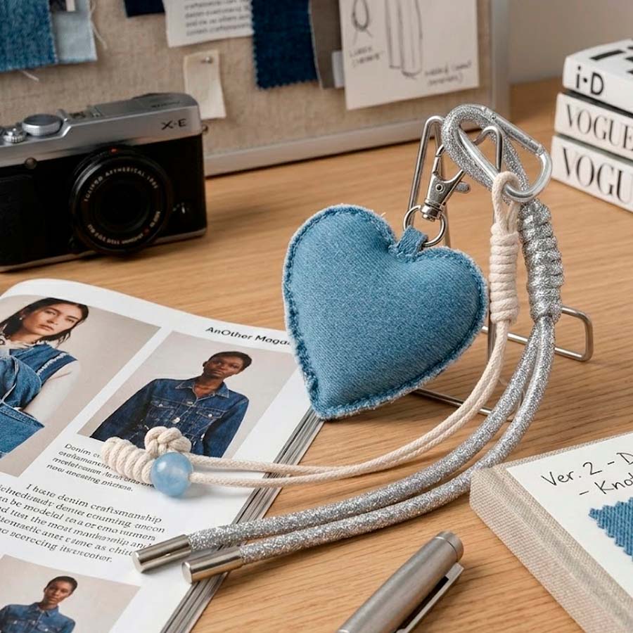 Charm colgante corazón denim - detalle de la textura vaquera